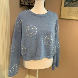 Sincerely Jules Large Smiley face Blue Knit Sweater cropped oversized cozy cute